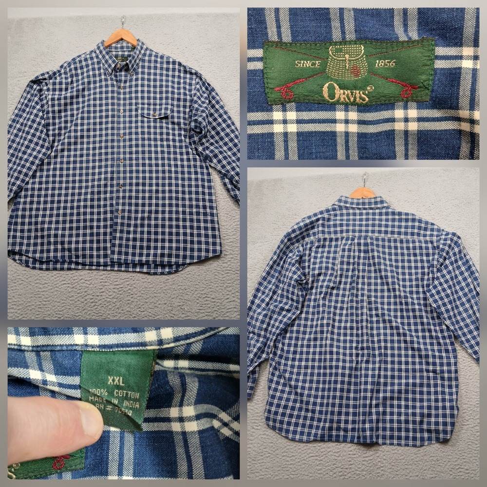 Orvis Men's‎ XXL Blue White Plaid Button Down Cotton Shirt